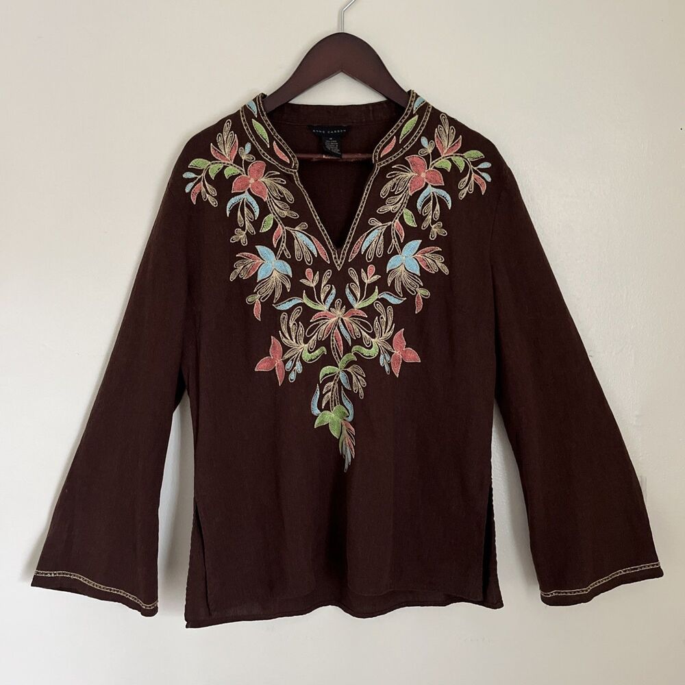 Anne Carson Vintage Embroidered Boho Bell Sleeve Linen Blend V Top, Brown- Med